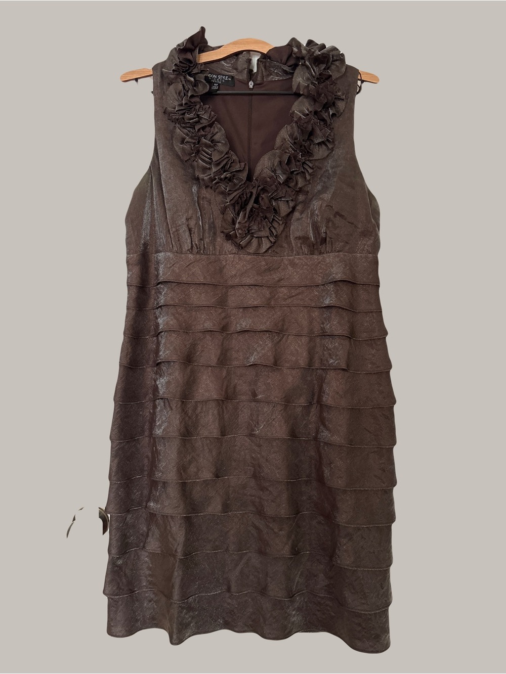 London Style Chocolate copper Brown Ruffled V-Neck Tiered Midi Dress